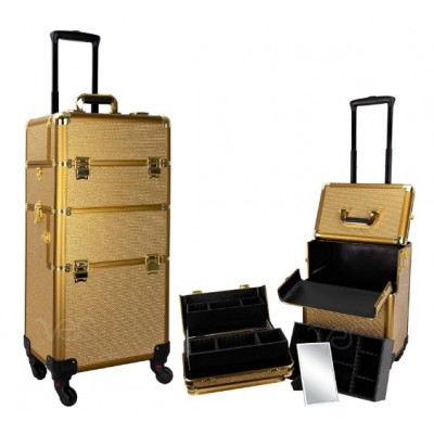 2-in-1 4-wheels professional rolling aluminum cosmetic makeup travel case and easy-slide & extendable trays with divi gold color