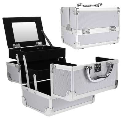 Pro Aluminum Rolling Makeup Case Salon Cosmetic Box Organizer Trolley Beauty Train Case,Silver