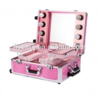 fashion beauty rolling lighted mirror makeup case with compartments